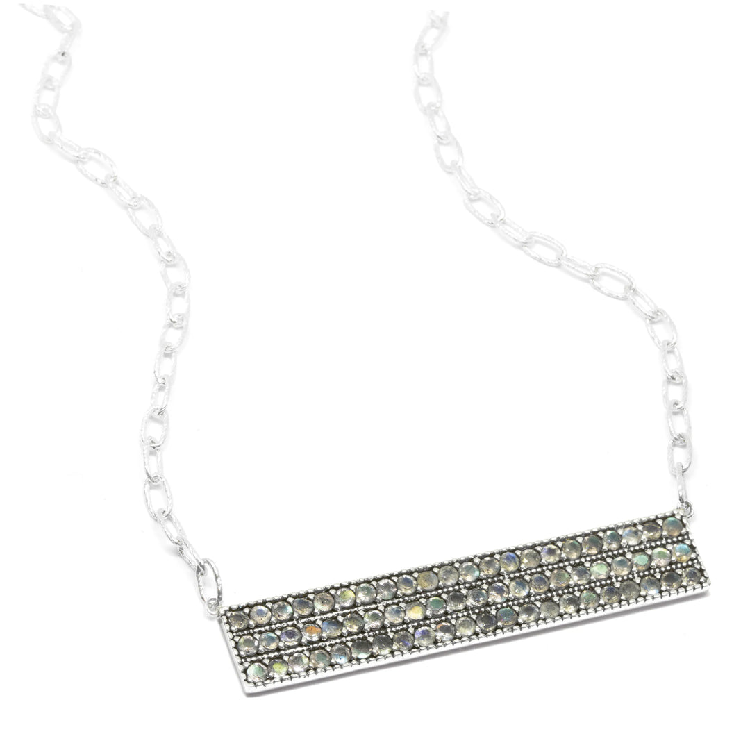 Gemstone Pave Triple Row Necklace - Hammered Link Chain